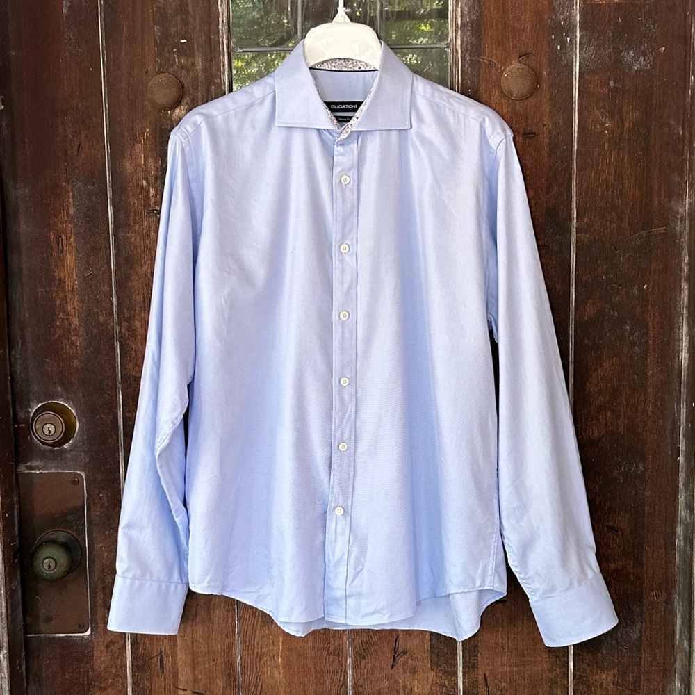 BUGATCHI | Cotton Classic Fit Light Blue Button Front Shirt Floral Flip Cuff
